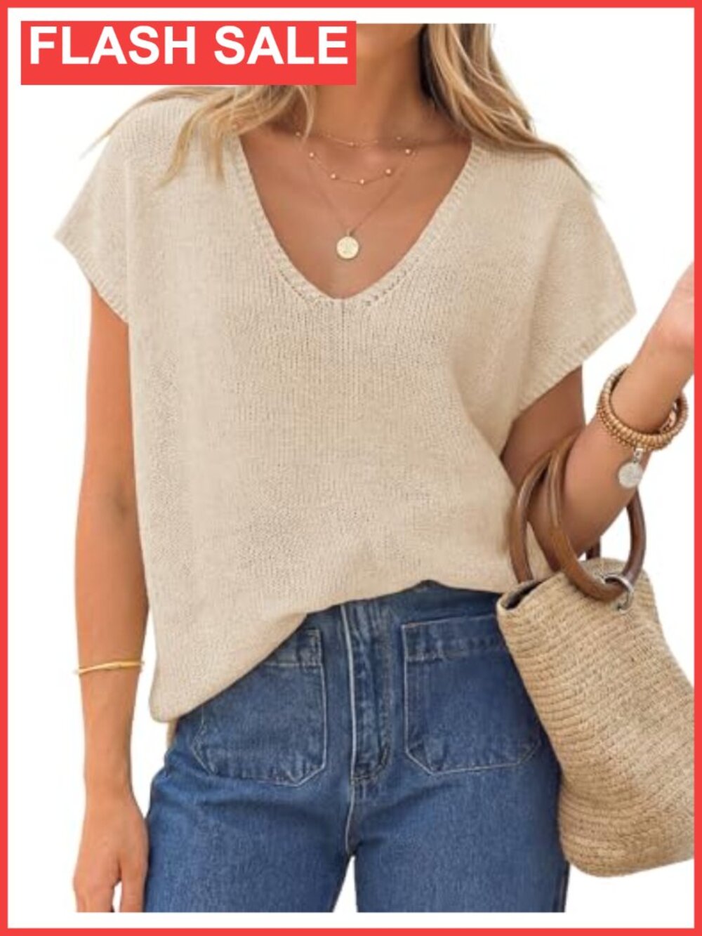 Lightweight Ribbed Knit V-Neck Short Sleeve Sweater Top Casual Summer